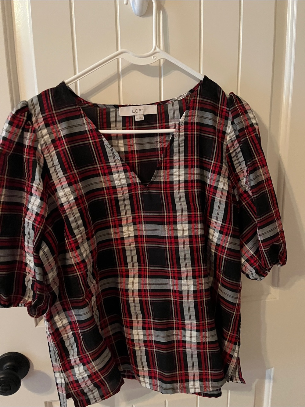 LOFT Black, Red and White Plaid V-Neck Short Sleeve Top